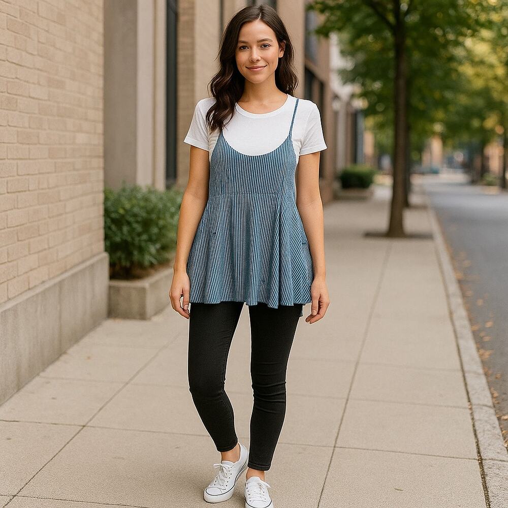 Striped Denim Peplum Cami Top Blue Adjustable Straps Zip Back Cotton